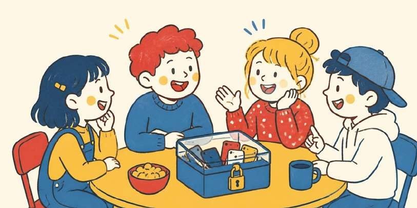 Friends around a table with a phone lockbox