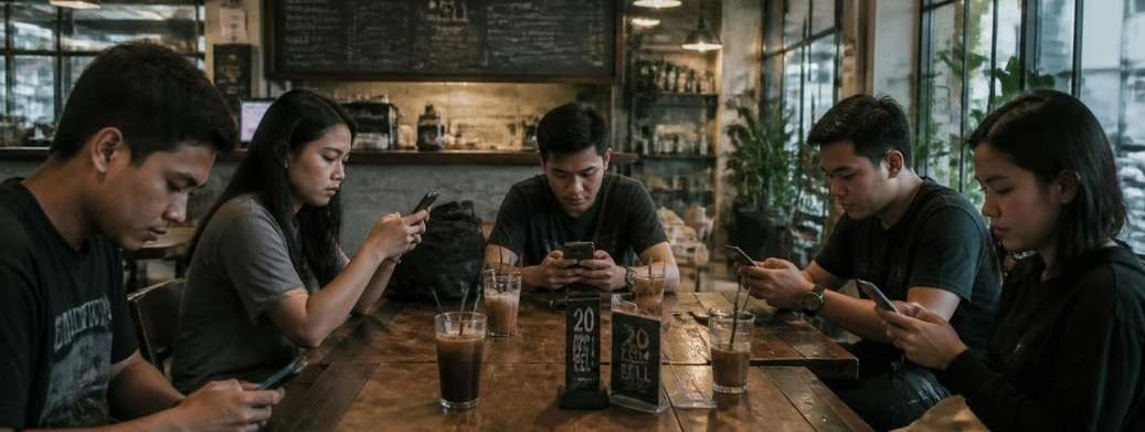 Friends at a café table, all on their phones